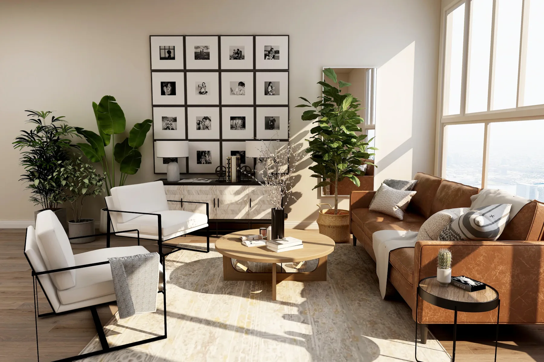 Sala residencial com sofá confortável, mesas de madeira, plantas e grandes janelas.